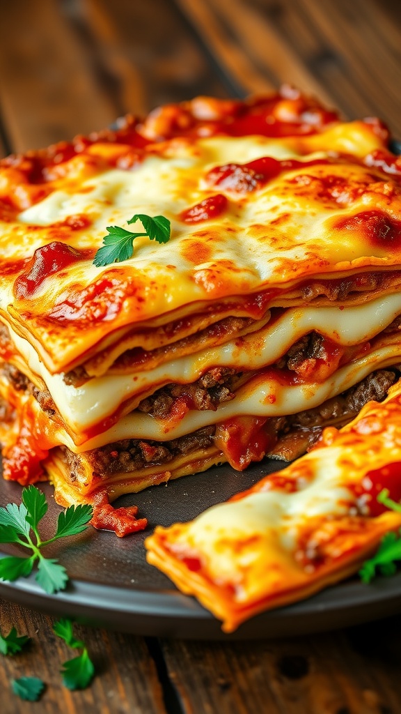 A cheesy meat lasagna with layers of pasta, meat sauce, and melted cheese, garnished with parsley.